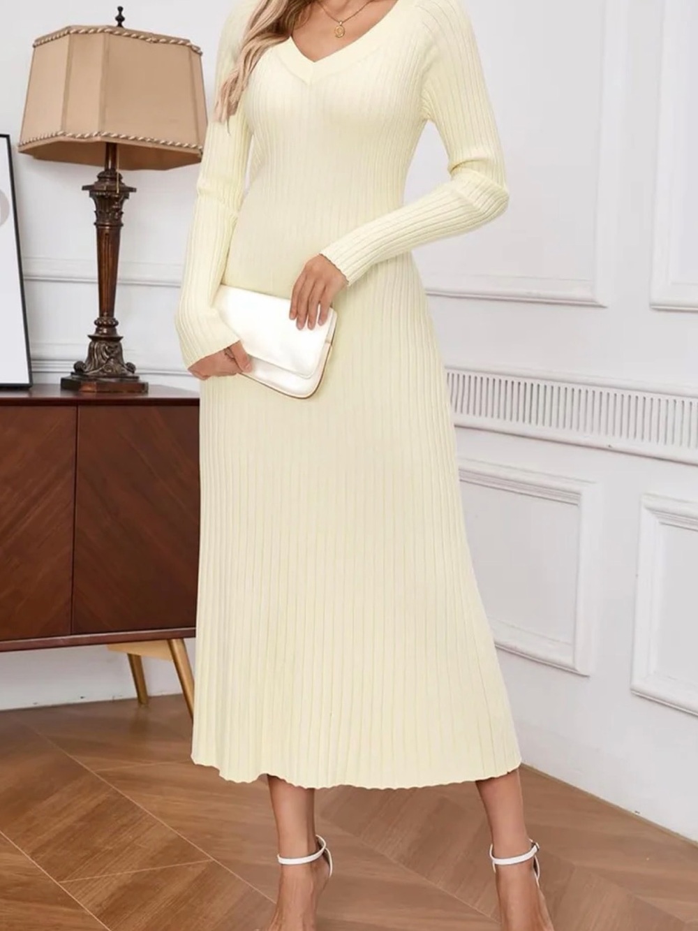 Arach&Cloz 2025 Spring Womens V Neck Long Sleeve Fishtail Sweater Dress Ribbed